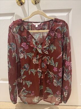 LC Lauren Conrad Burgundy Floral Ruffle Blouse